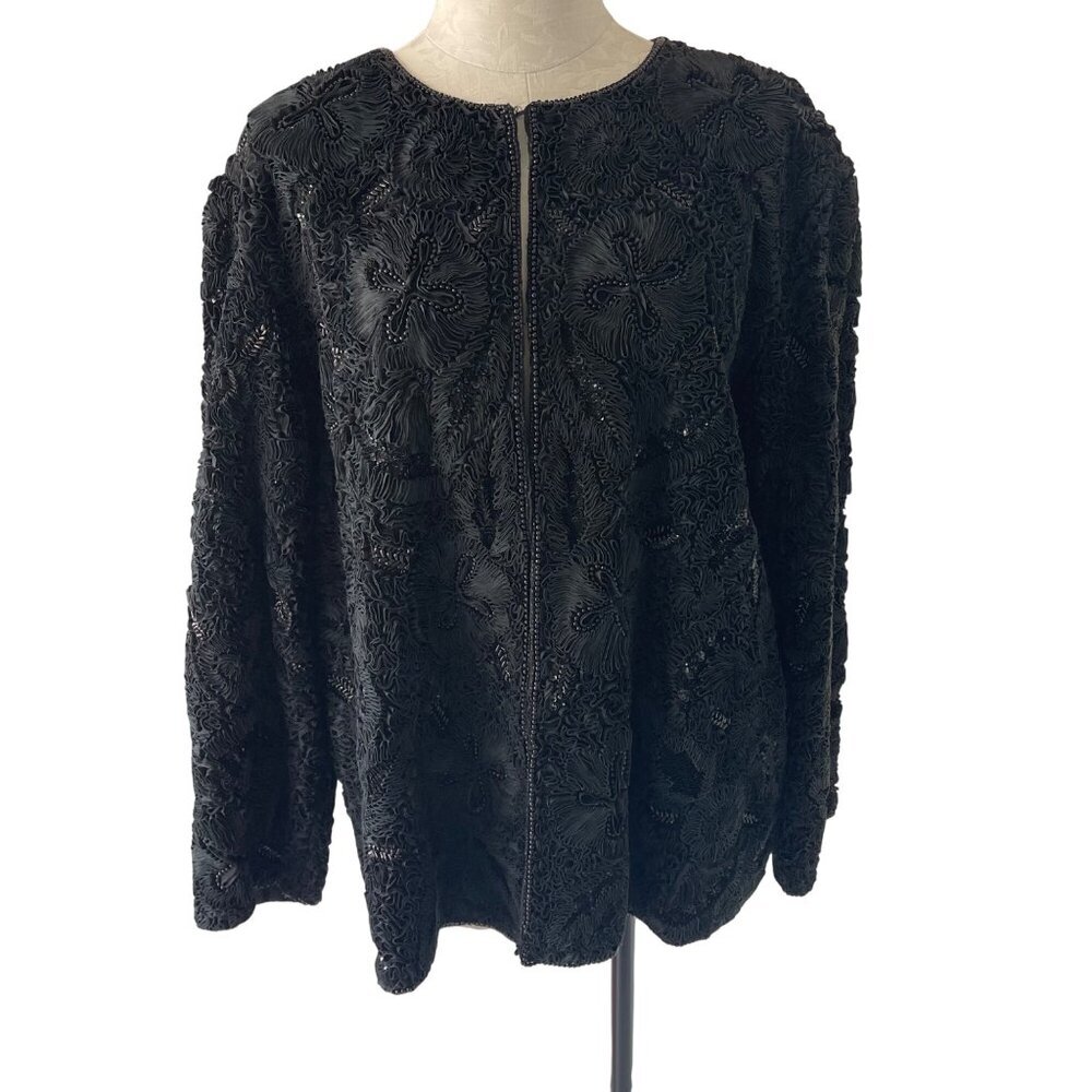 Vintage Womens Jacket Size X Black Soutache Ribbon Beaded Evening Silk